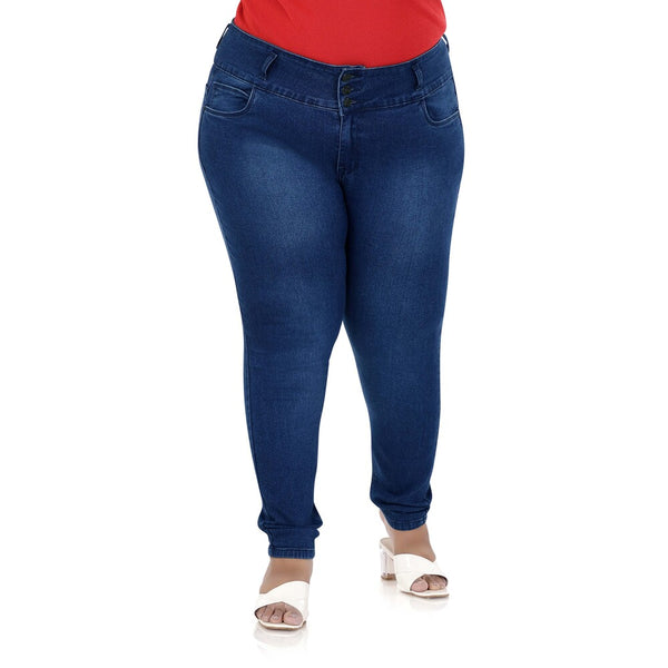 Women High Waist Plus Size 3 Button Jeans in Faded Dark Blue