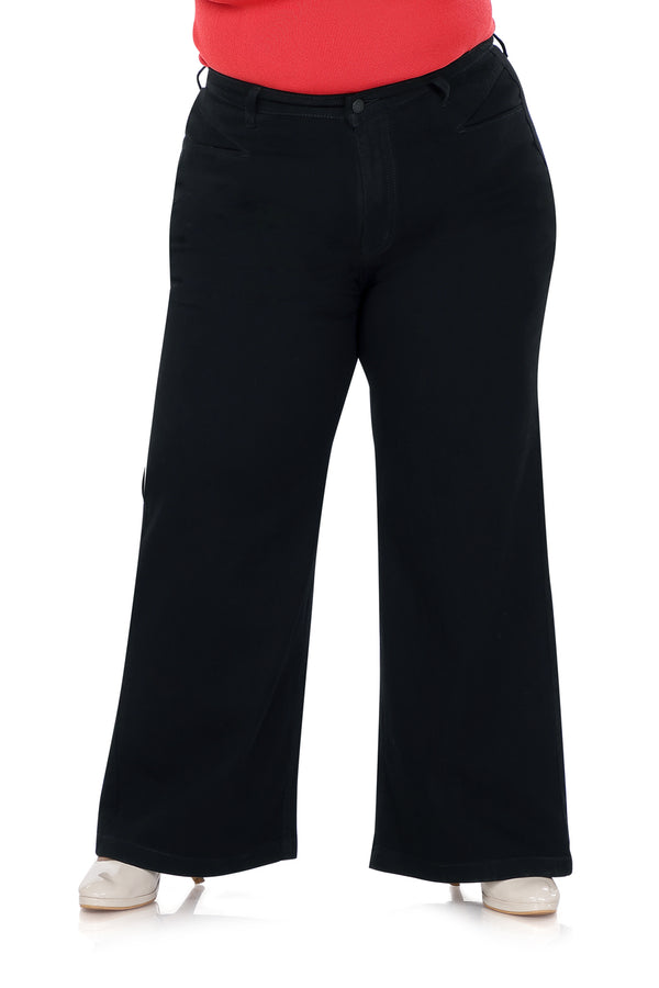 Women High Waist Plus Size Single Button Flared Jeans in Black