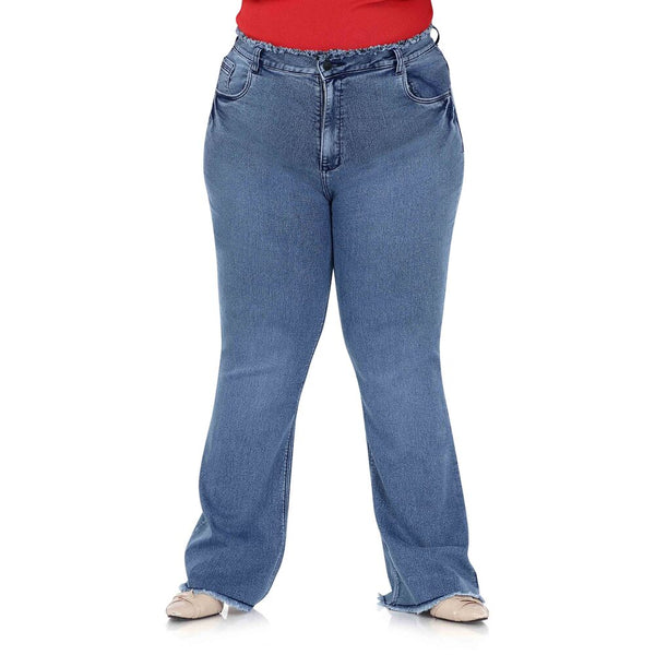 Women Mid Waist Plus Size Single Button Wide Leg Jeans in Light Blue