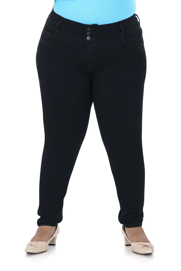 Women High Waist Plus Size 3 Button Jeans in Black