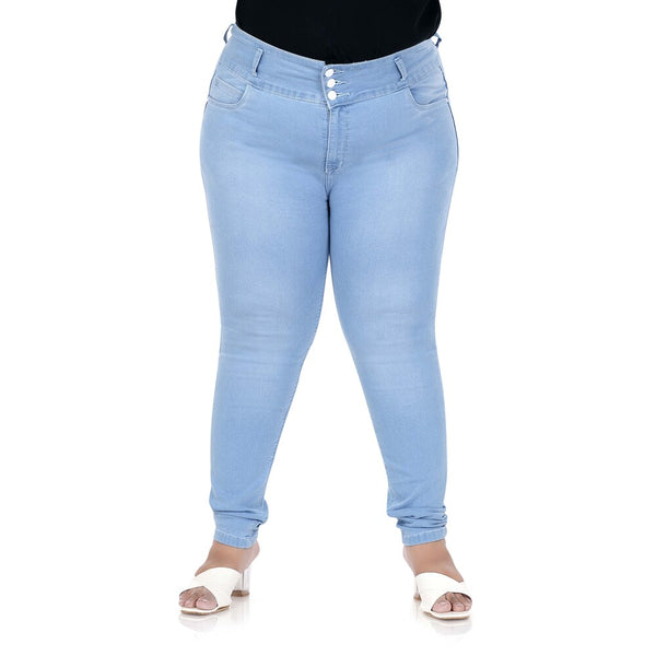 Women High Waist Plus Size 3 Button Jeans in Light Blue