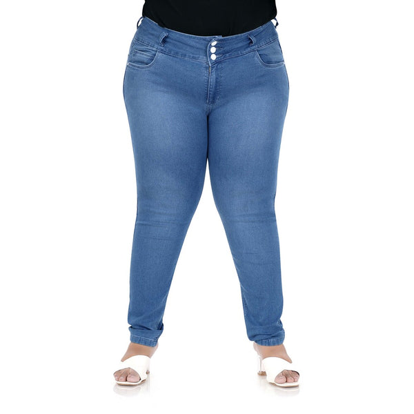 Women High Waist Plus Size 3 Button Jeans in Faded Blue